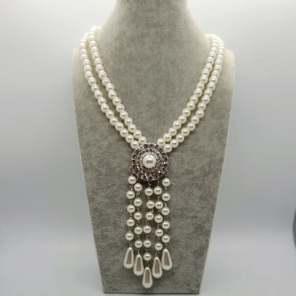 NWT Pearl Crystal Tassel Art Deco Silver Necklace & Earrings Set